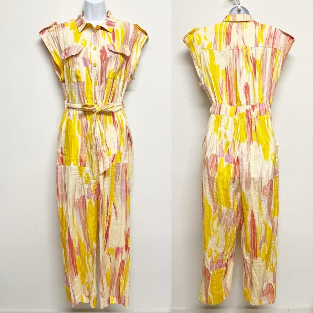 Little Lies Womens Colorful Ikat Painterly Print Linen Cap Sleeve Pant Jumpsuit